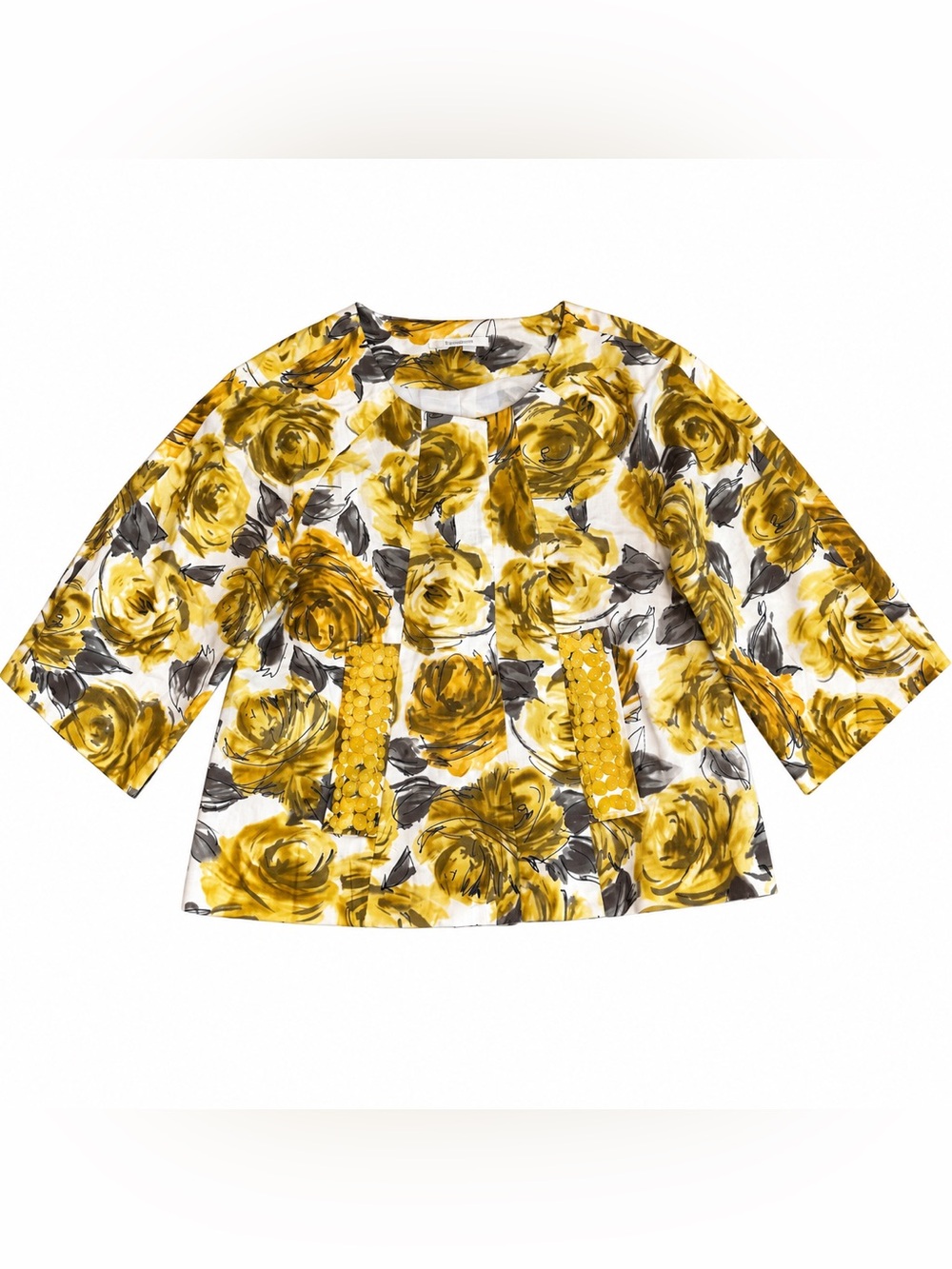 Appraisal Women’s M Yellow Floral Crop Swing Jacket Beaded Snap Front 3/4 Sleeve